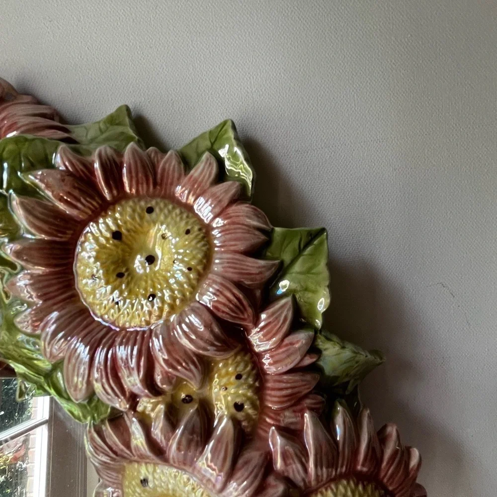 Floral Sunflower Wall Mirror - Pink and Green majolica ceramic artist mirror